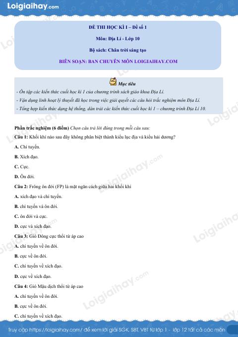 Đề thi học kì 1 Địa lí 10 Chân trời sáng tạo - Đề số 1